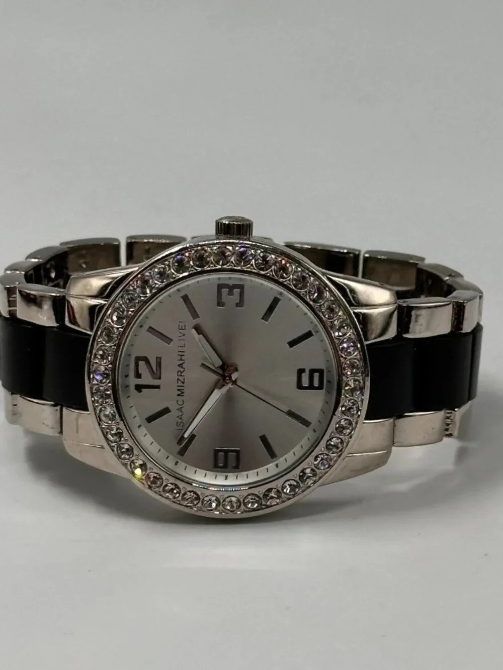 Isaac Mizarhi Live Watch Women Silver Tone Black Crystal Bezel New Battery 6.75